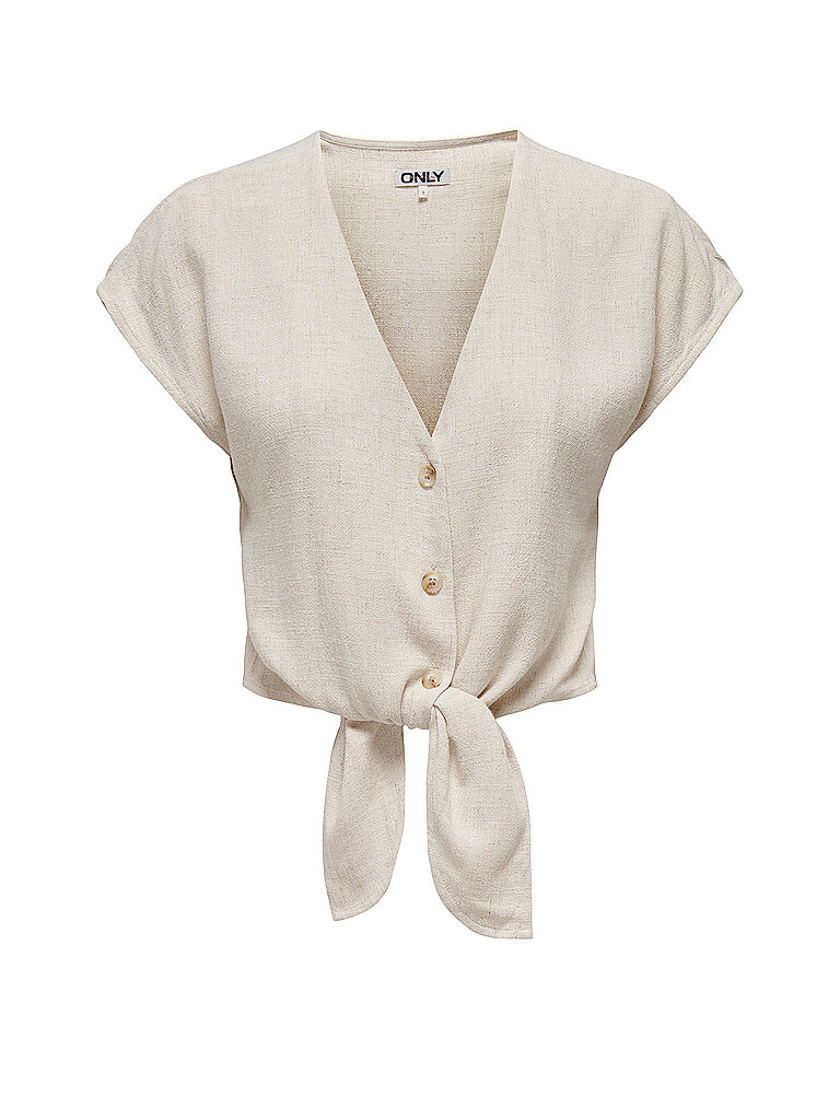 Kurzarmbluse ONLY "ONLSIESTA SS KNOT LIN BL SHIRT PNT NOOS", Damen, Gr. L, gelb (moonbeam), Web, Obermaterial: 80% Viskose, 20% Leinen, unifarben, regular fit kurz, V-Ausschnitt, Blusen, Viskosemischung, regular fit