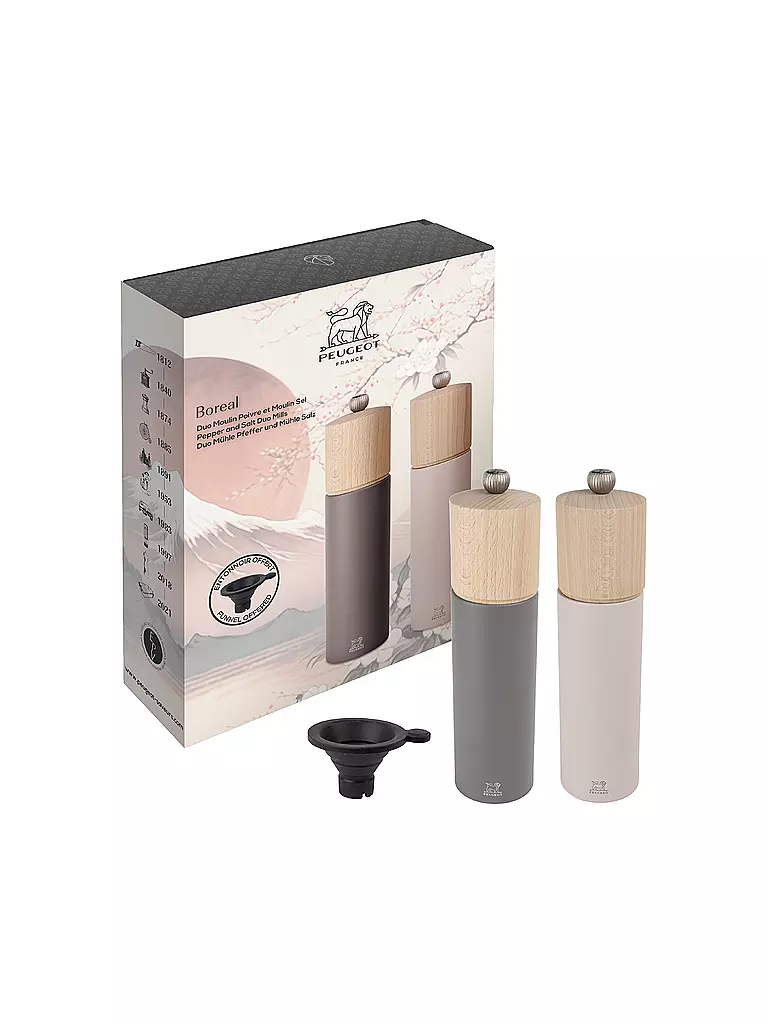 PEUGEOT | Geschenkset - Duo aus Boreal Pfeffer- und Salzmühle 21 cm und Silikontrichter Felsgrau und Rosa | hellgrau