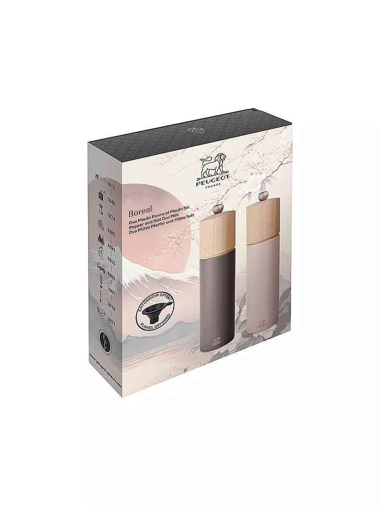 PEUGEOT | Geschenkset - Duo aus Boreal Pfeffer- und Salzmühle 21 cm und Silikontrichter Felsgrau und Rosa | hellgrau