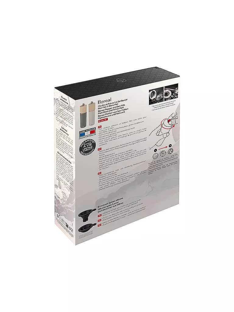 PEUGEOT | Geschenkset - Duo aus Boreal Pfeffer- und Salzmühle 21 cm und Silikontrichter Felsgrau und Rosa | hellgrau