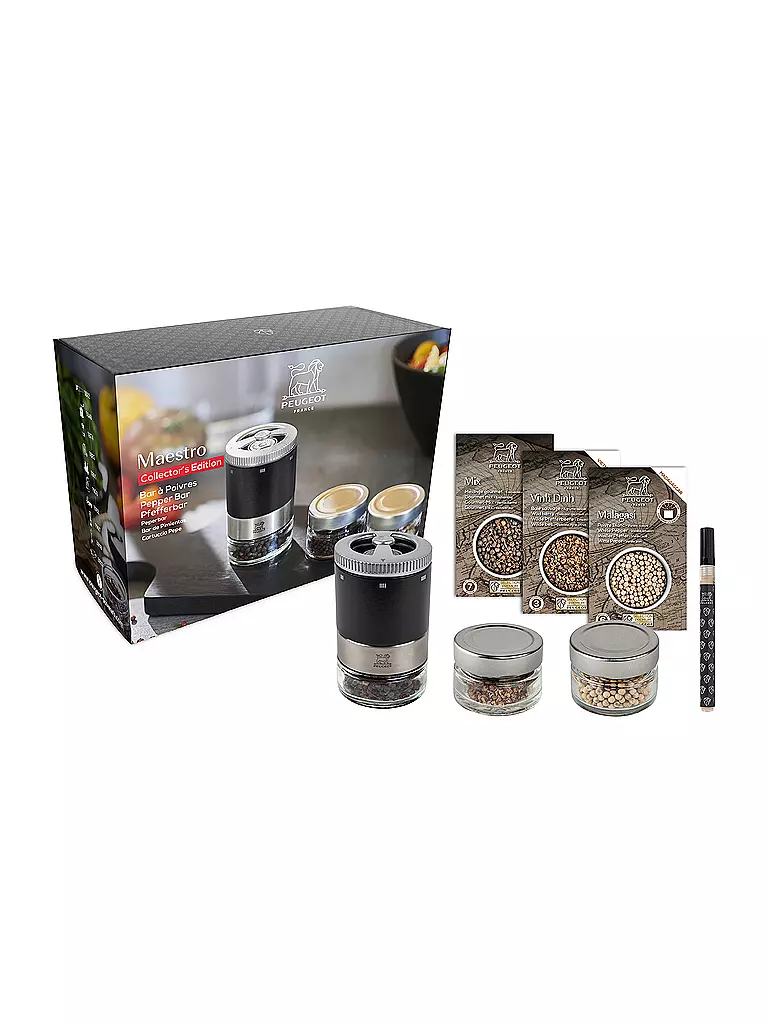 PEUGEOT | Pfeffermühle U'Select, Pfefferbar, inkl. 3 Premium-Pfeffern im Vorratsglas, Rezeptbuch & Stift zur Beschriftung Schwarz Ma  | schwarz