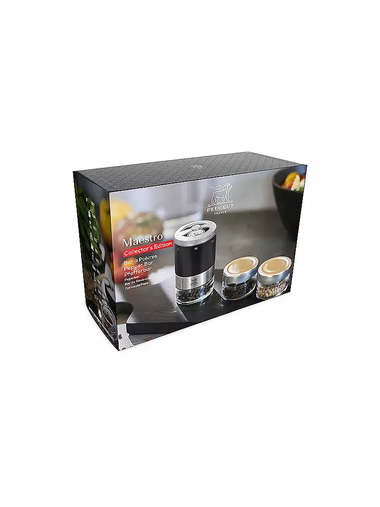 PEUGEOT | Pfeffermühle U'Select, Pfefferbar, inkl. 3 Premium-Pfeffern im Vorratsglas, Rezeptbuch & Stift zur Beschriftung Schwarz Ma  | schwarz