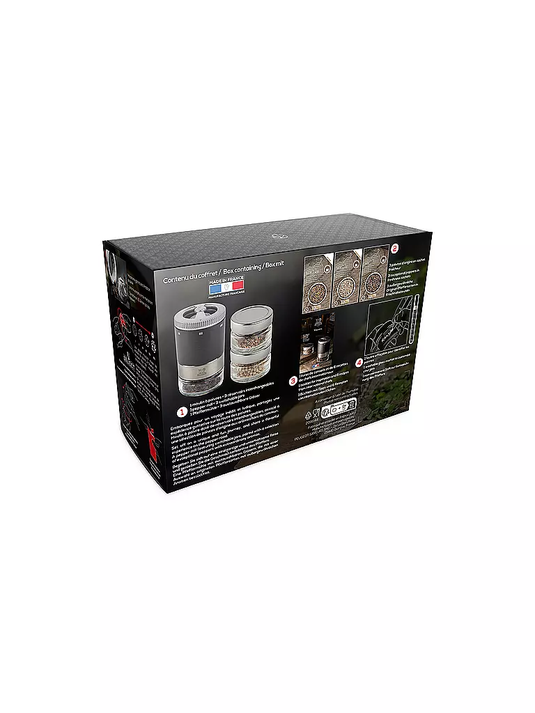 PEUGEOT | Pfeffermühle U'Select, Pfefferbar, inkl. 3 Premium-Pfeffern im Vorratsglas, Rezeptbuch & Stift zur Beschriftung Schwarz Ma  | schwarz