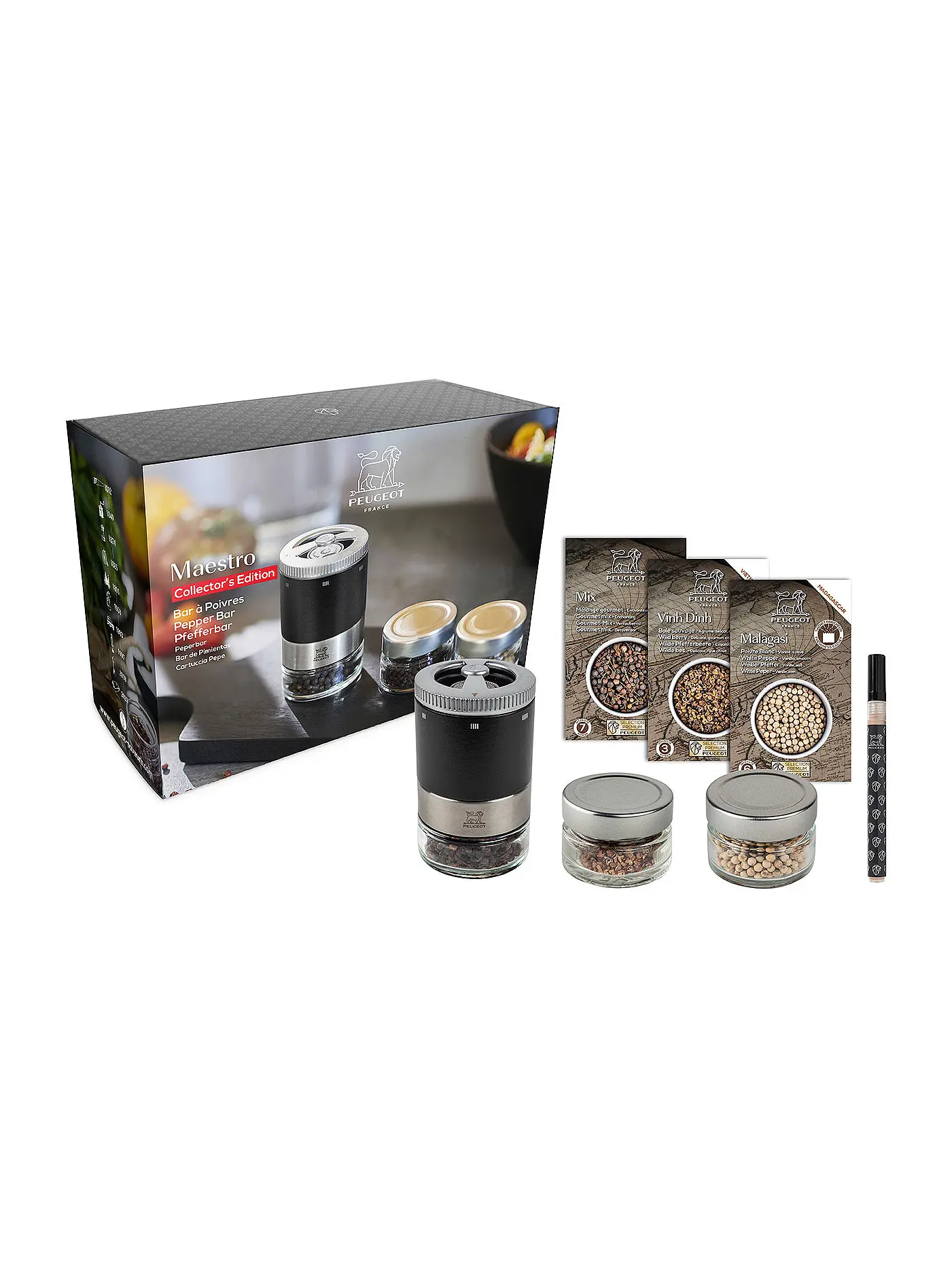 PEUGEOT | Pfeffermühle U'Select, Pfefferbar, inkl. 3 Premium-Pfeffern im Vorratsglas, Rezeptbuch & Stift zur Beschriftung Schwarz Ma  | schwarz