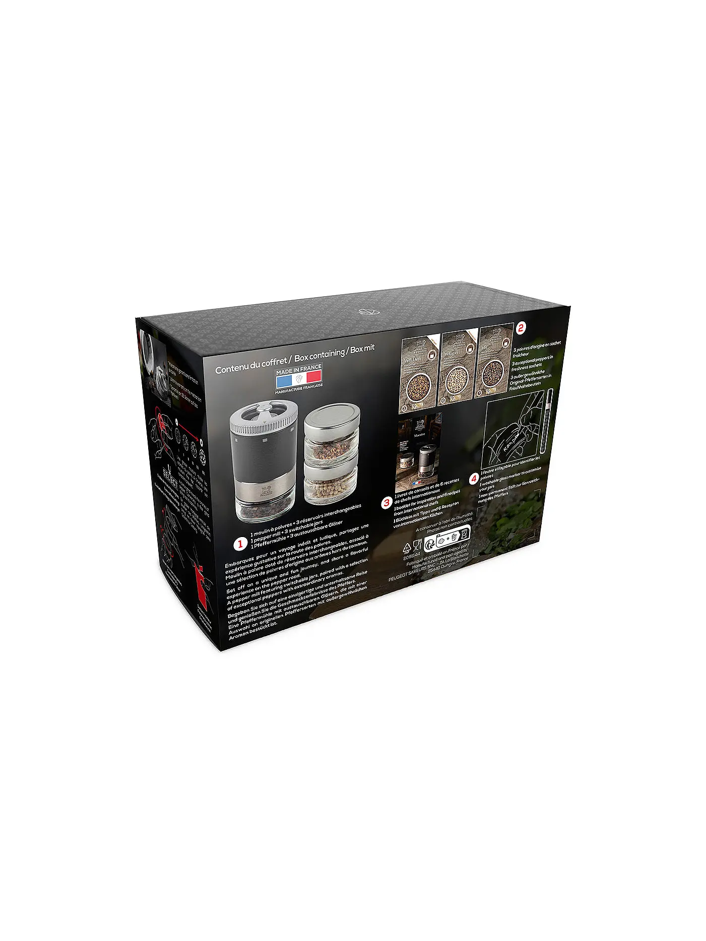 PEUGEOT | Pfeffermühle U'Select, Pfefferbar, inkl. 3 Premium-Pfeffern im Vorratsglas, Rezeptbuch & Stift zur Beschriftung Schwarz Ma  | schwarz