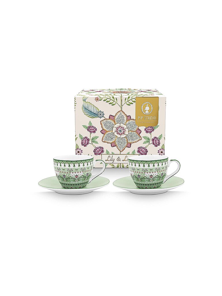 PIP STUDIO Espresso Tassen mit Untertassen 2er Set  LILY & LOTUS 120ml Light Green  hellgrün