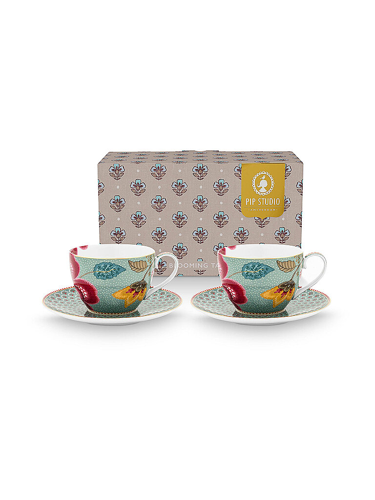 PIP STUDIO Cappuccinotasse mit Untertasse 2er Set 280ml BLOOMING TALES Fantasy Blue hellblau