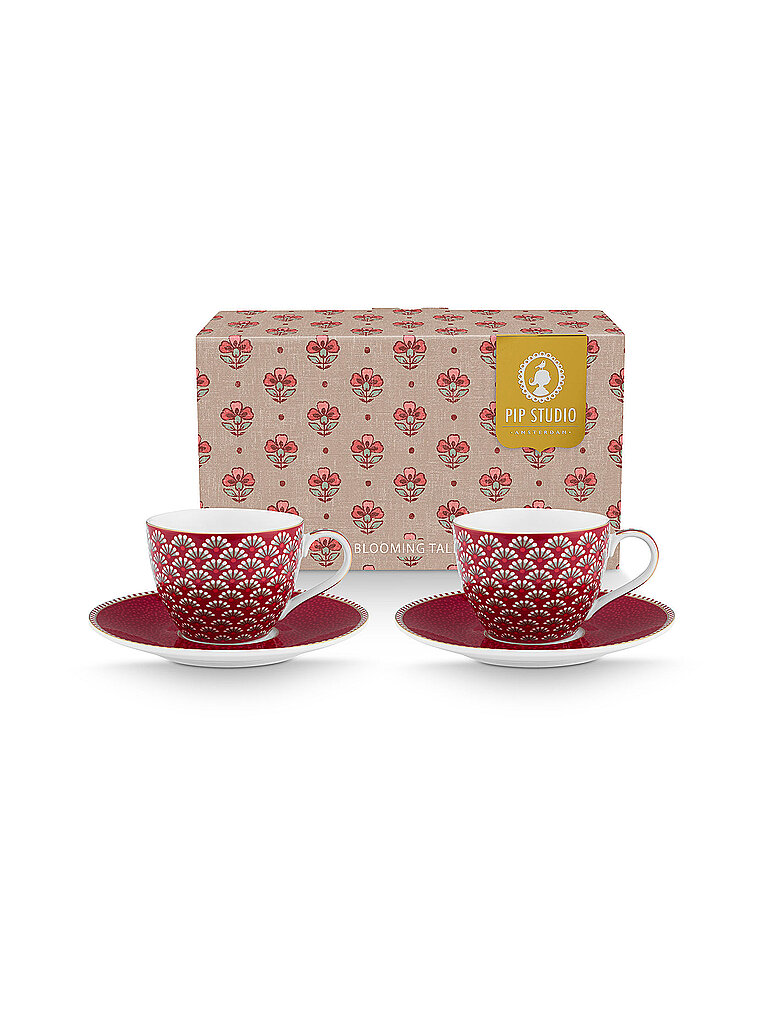 PIP STUDIO Espressotasse mit Untertasse 2-tlg. BLOOMING TALES 2x120ml Fantasy Darkred dunkelrot