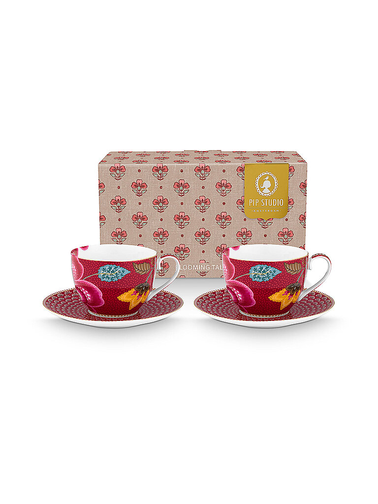 PIP STUDIO Cappucinotasse mit Untertasse 2-tlg. BLOOMING TALES 2x280ml Fantasy Darkred dunkelrot