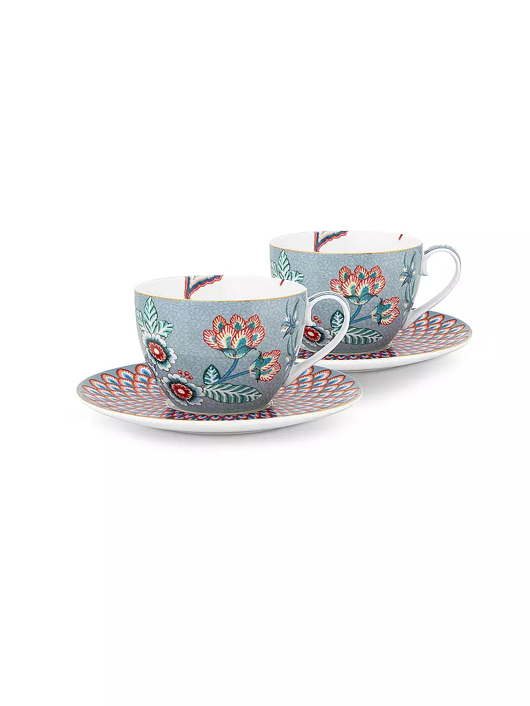 PIP STUDIO | Cappuccinotasse mit Untertasse 2-er Set Small 280ml FLOWER FESTIVAL Light Blue | hellblau