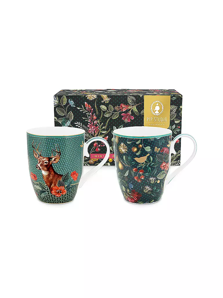 PIP STUDIO | Henkelbecher 2-er Set Large 350ml WINTER WONDERLAND Deer Green | petrol
