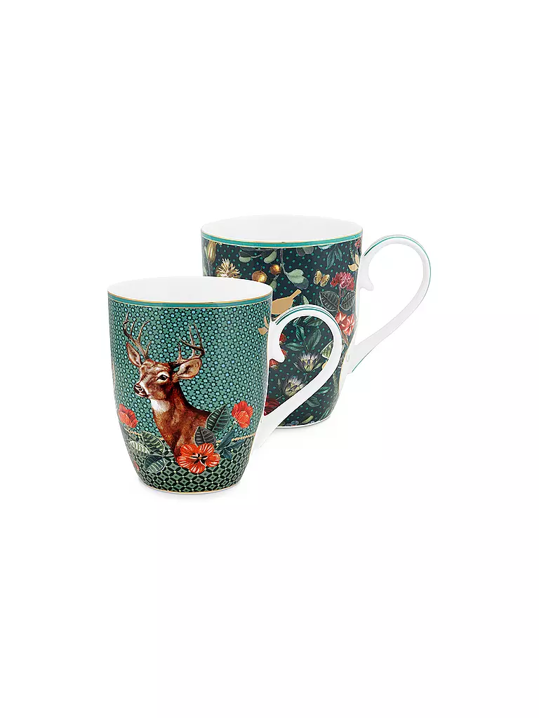 PIP STUDIO | Henkelbecher 2-er Set Large 350ml WINTER WONDERLAND Deer Green | petrol