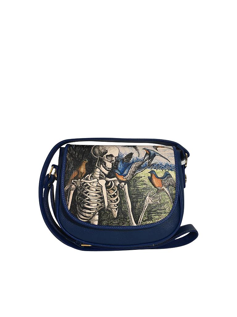 PRISON ART | Ledertasche - Umhängetasche "Half Moon Tattooed - Skelett Vögel) | blau