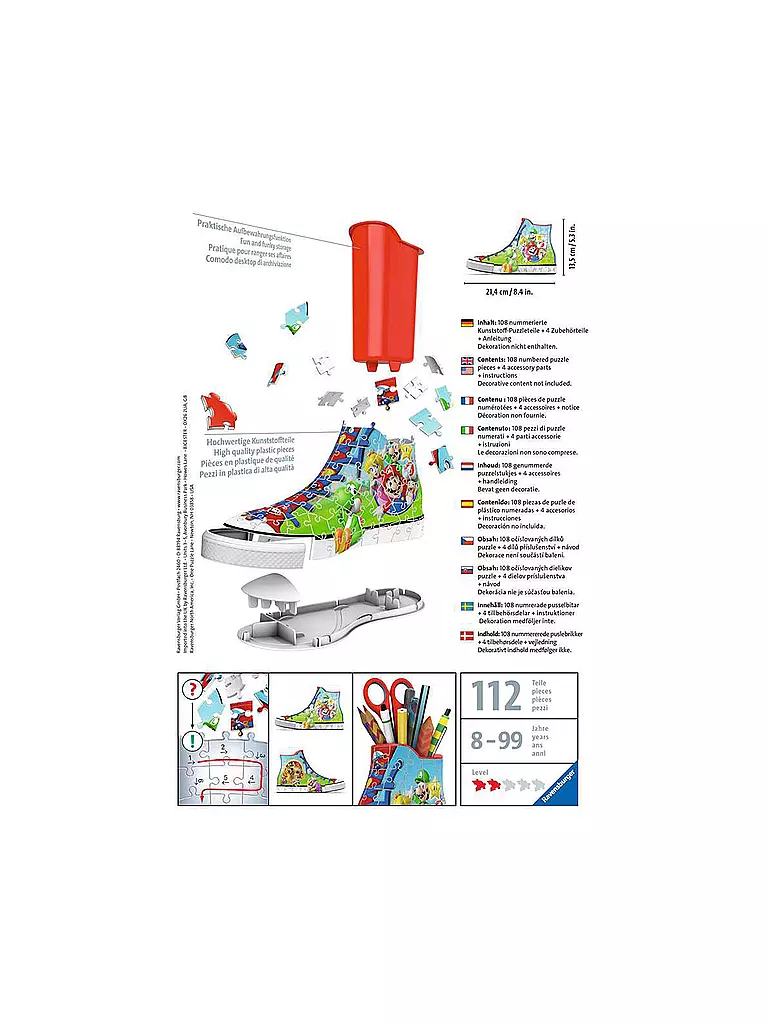 RAVENSBURGER | 3D Puzzle Sneaker Super Mario 11267 - praktischer Stiftehalter im Super Mario Design - 108 Teile | keine Farbe