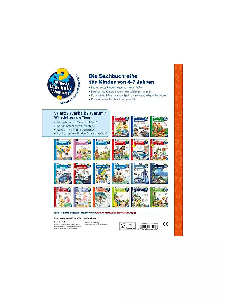 RAVENSBURGER | Buch - Wieso Weshalb Warum -   Wir schützen die Tiere  | keine Farbe