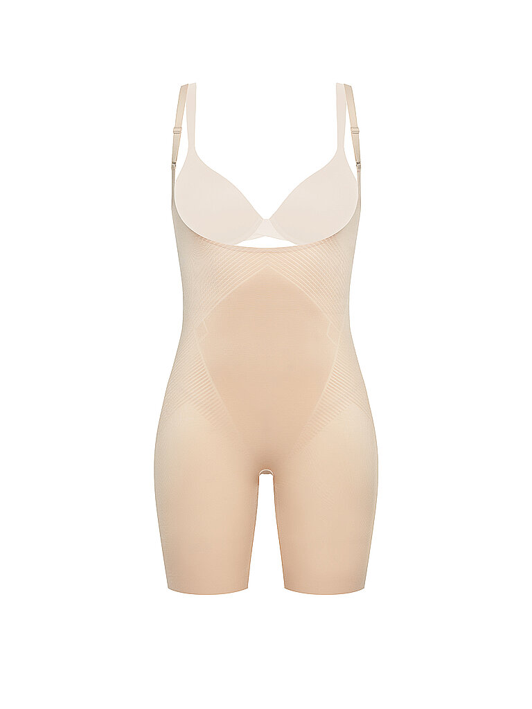 spanx thinstincts® 2.0 open-bust mid-thigh bodysuit soft nude beige | xs