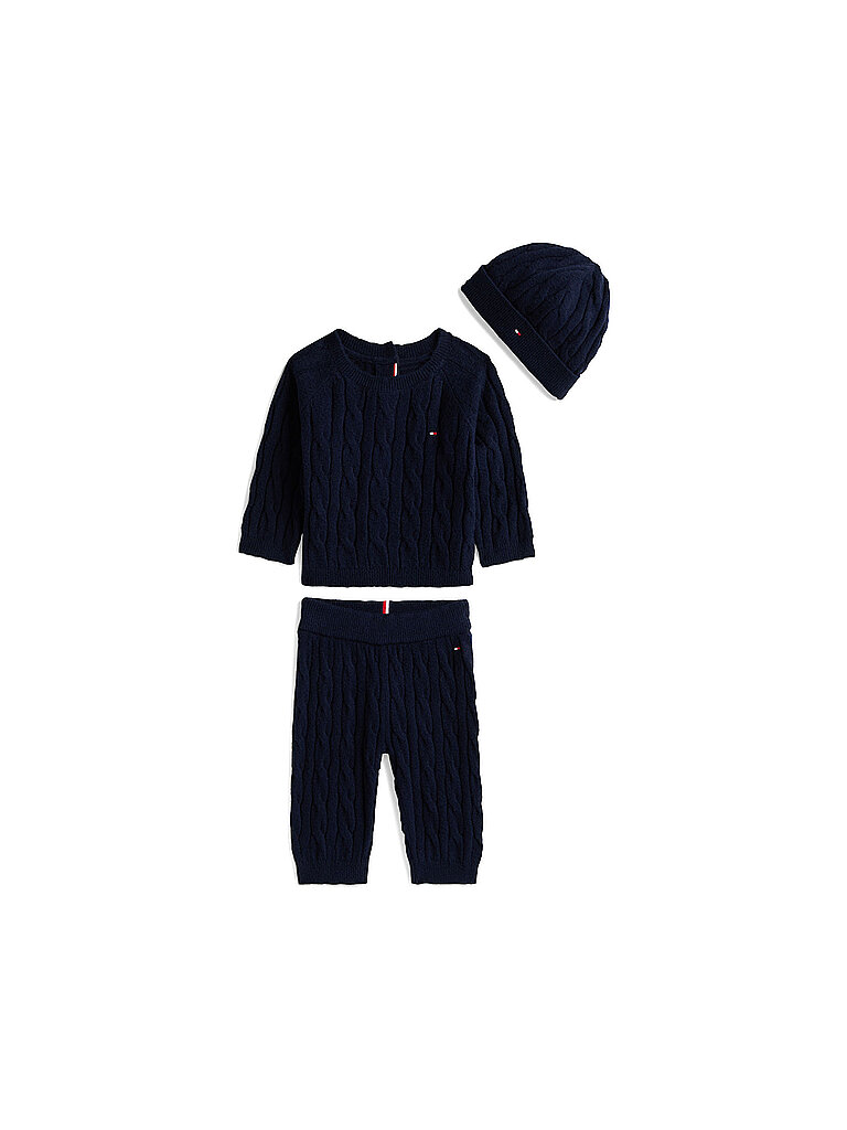TOMMY HILFIGER Baby Set 3-teilig Sweater, Hose und Mütze dunkelblau | 80