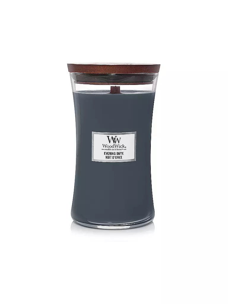 WOODWICK | Duftkerze mit Knisterdocht SANDUHR Large 610g Evening Onyx | dunkelblau